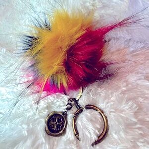 Patricia Nash colorful red yellow blue pink purse bag pom charm faux fur key fob